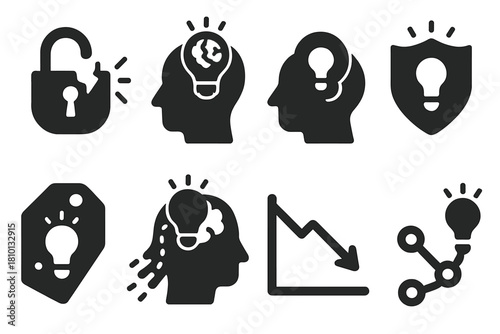 Idea Vault Breach Icons. Solid style icons of idea vault breaches: broken lock with bulb, breached braincase glyph, exposed