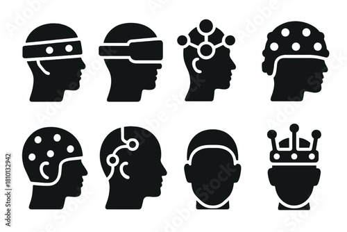 Wearable Telepathy Icons. Solid style icons of wearable telepathy devices: psychic headband, neural sync visor, cranial interface