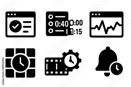 Temporal Computing Icons. Solid style icons of software for temporal computing: scheduler UI window, task list with timestamps,