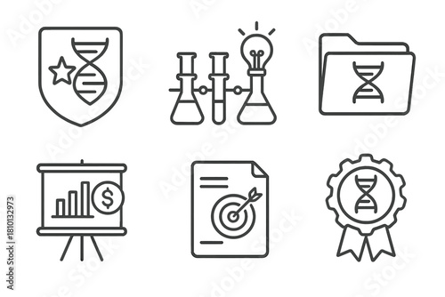 Synthetic Biology Icons. Line style icons of synthetic biology startups: biotech startup badge, innovation pipeline icon,