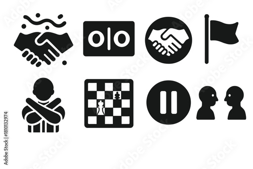Stalemate Icons. Solid style icons of draw and stalemate scenes: handshake underwater icon, match tie panel, mutual respect badge.