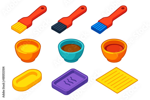 Baking Tools Illustration. Isometric vector illustration set Baking tools – pastry brush, basting brush, silicone brush; egg wash