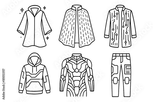 Futuristic Smart Fabrics. Line style icons of futuristic smart fabric looks: translucent glowing robe, chrome fiber cape, data