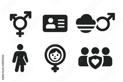 Gender Identity Icons. Solid style icons of gender and identity symbolism: symbol fusion glyph, pronoun icon, spectrum badge.