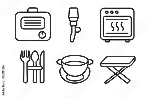 Space Cooking Icons. Line style icons of food preparation tools: space meal warmer, rehydration nozzle, onboard oven icon,
