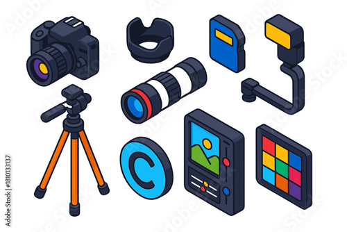News Photography Essentials. Isometric vector illustration set News and media – photojournalism camera, lens hood, memory card;