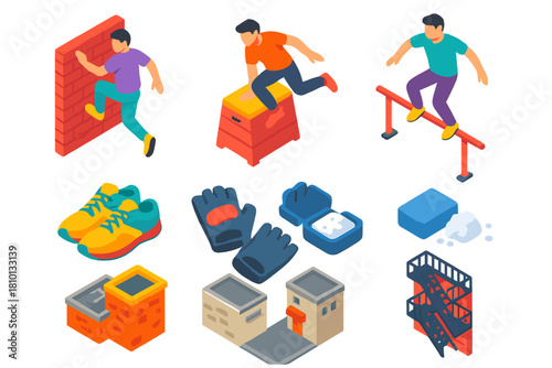 Dynamic Parkour Icons. Isometric vector illustration set Outdoor sports – parkour wall run, vault box, rail grind; athletic shoes,