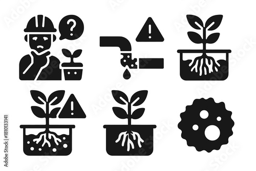 Hydroponics Troubleshooting Icons. Line style icons of Hydroponics: troubleshooting icon, clogged pipe warning, nutrient lockout