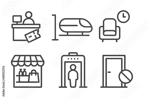 Hyperloop Station Icons. Line style icons of hyperloop station zones: ticketing zone icon, boarding capsule zone, waiting lounge