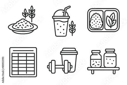 Lifestyle Icons Collection. Line style icons of lifestyle integration: grains on modern meal plate, smoothie with ancient grains,