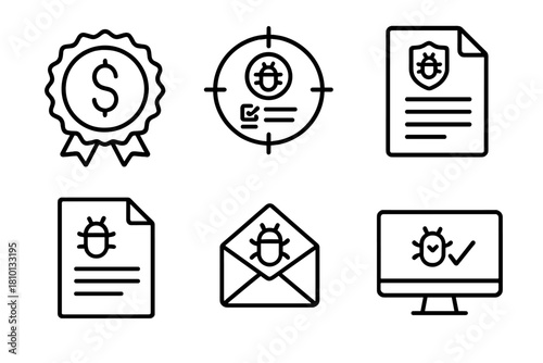 Bug Bounty Icons. Line style icons of bug bounty programs: bounty payout badge, target scope list, legal scope document,
