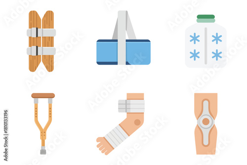 Immobilization and support icons, splint board, arm sling, cold compress pack, crutch device, elbow bandage, knee strap, vector