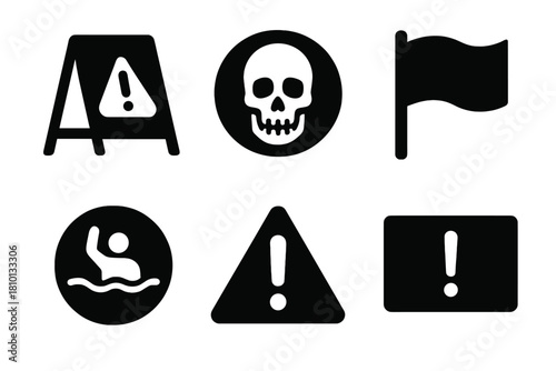 Tour Warning Icons. Solid style icons of tour warning signs: caution board glyph, skull icon, exclamation badge. Sink zone ring,