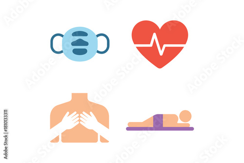 Basic life support icons, mask, heart rhythm symbol, chest compressions, rescue breathing, recovery pose, emergency care training vector