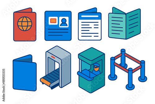 Travel Gear Essentials. Isometric vector illustration set Travel gear – passport cover, passport booklet, visa sticker; boarding