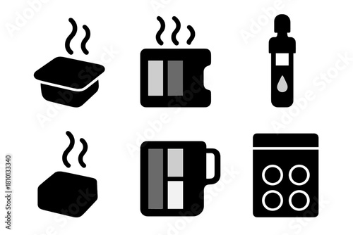 Scent Cartridge Icons. Solid style icons of scent cartridges and refills: single-use fragrance pod, multi-scent cartridge, liquid