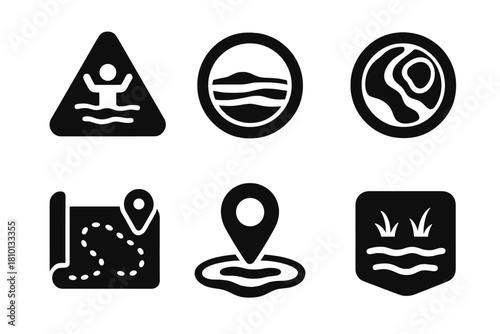 Quicksand Hazard Icons. Solid style icons of quicksand zones and maps: hazard zone glyph, dotted trail icon, area badge. Caution