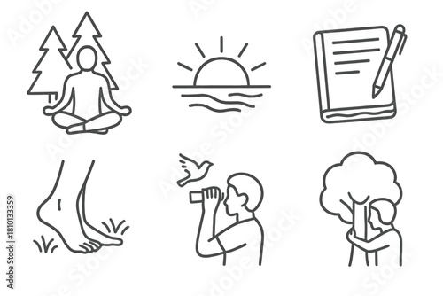 Nature Connection Icons. Line style icons of nature connection: forest meditation icon, sunrise watching, journaling by river,