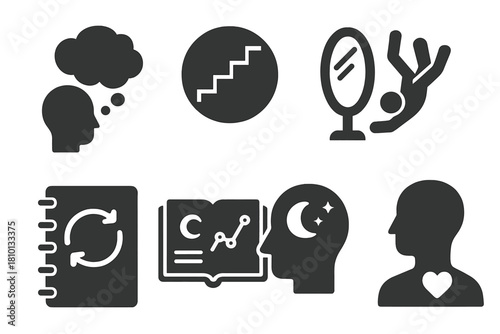 Dream Symbol Icons. Solid style icons of dream symbolism interpretation: dream bubble glyph, staircase ring, falling symbol icon.