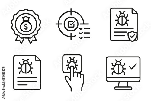Bug Bounty Icons. Line style icons of bug bounty programs: bounty payout badge, target scope list, legal scope document,