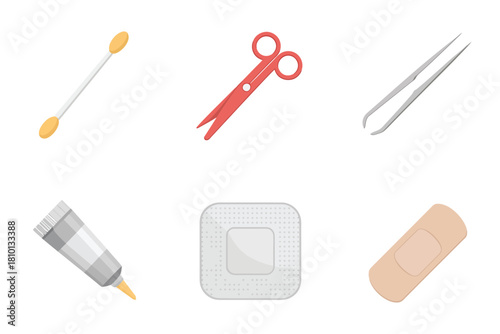 First aid tools collection, cotton swab, trauma shears, surgical forceps, ointment tube, sterile gauze pad, adhesive bandage vector