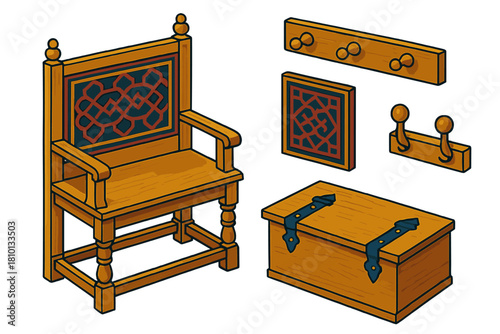 Antique Furniture Collection. Isometric vector illustration set Antique furniture – Jacobean hall bench, carved backrest,