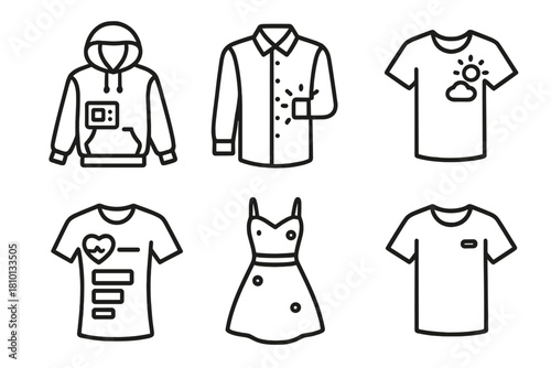 Hybrid Fashion Icons. Line style icons of hybrid fashion categories: streetwear with interface patch, business shirt with LED cuff