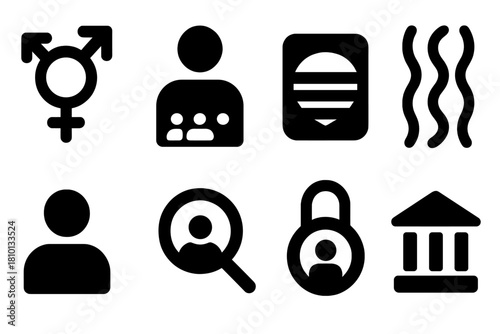 Gender Identity Icons. Solid style icons of gender and identity symbolism: symbol fusion glyph, pronoun icon, spectrum badge.