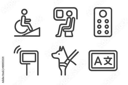 Maglev Accessibility Icons. Line style icons of maglev accessibility: wheelchair boarding ramp, priority seating zone, braille