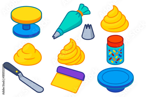 Cake Decorating Tools. Isometric vector illustration set Cooking techniques – cake decorating turntable, piping bag, star tip;