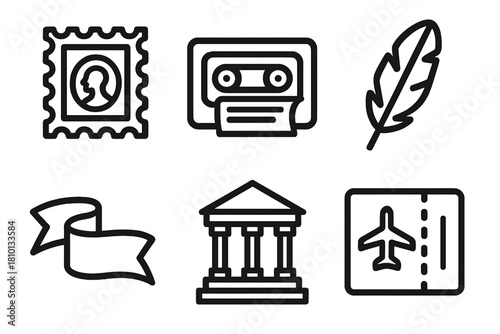 Time Capsule Icons. Line style icons of Time Capsule Curation: historical stamp, message on tape, preserved feather, folded banner