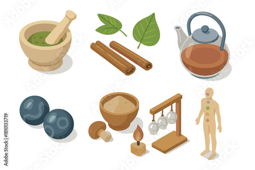 Traditional Medicine Components. Isometric vector illustration set of Traditional medicine: ayurvedic mortar, cinnamon sticks,
