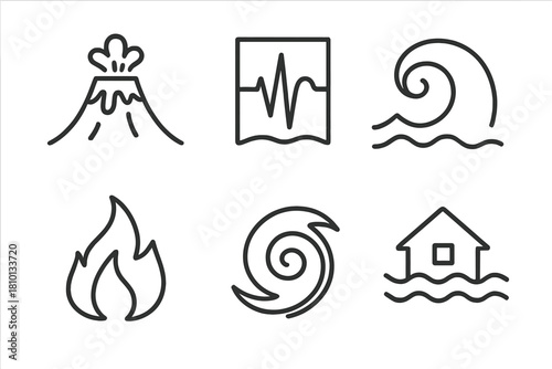 Disaster Icon Set. Line style icons of common disaster types: volcano icon, earthquake seismograph, tsunami wave, wildfire flame,