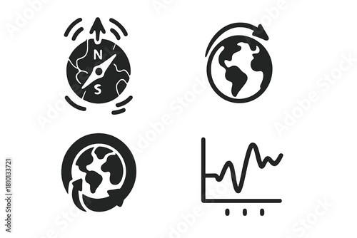 Magnetic Pole Shift. Solid style icons of Earth’s magnetic pole shifts: shifting axis icon, pole drift map, historical pole