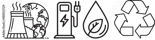 Line Art Icons Representing Environment, Energy, and Sustainability