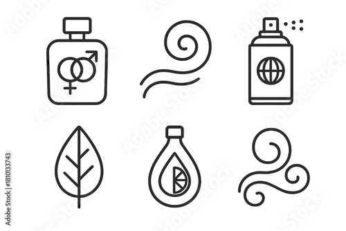 Unisex Fragrance Icons. Line style icons of unisex fragrance design: shared perfume bottle, scent swirl icon, earth-tone spray can