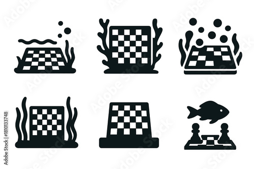 Underwater Chess Icons. Solid style icons of chessboard in aquatic setting: grid on seafloor, coral-bordered board, bubble marker