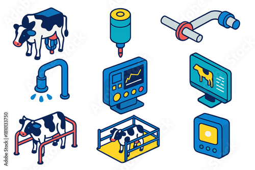Smart Farming Icons. Isometric vector illustration set Smart farming – automated milking station, teat sensor, milk line; cleaning