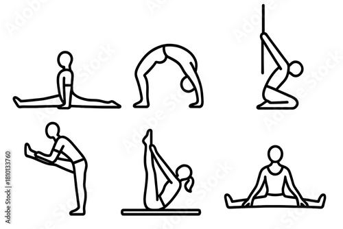 Aerialist Flexibility Icons. Line style icons of flexibility training for aerialists: front split stretch, backbend bridge,