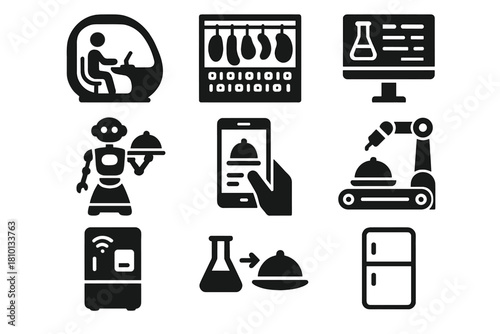 Futuristic Dining Icons. Solid style icons of futuristic restaurant: tasting pod, digital meat bar, lab menu display. Robot waiter