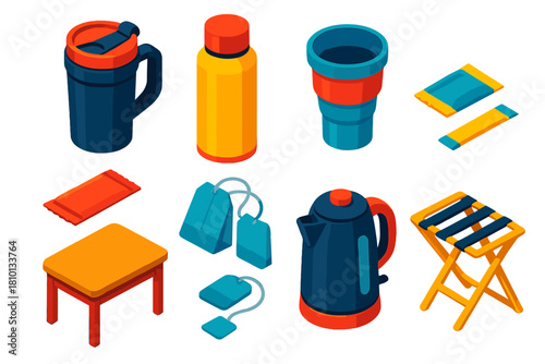 Travel Gear Essentials. Isometric vector illustration set Travel gear – travel mug, insulated bottle, collapsible cup; coffee