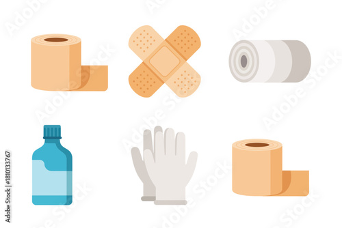 Medical supply icons, adhesive bandages, gauze rolls, water bottle, protective glove, treatment tape, clinic essentials collection