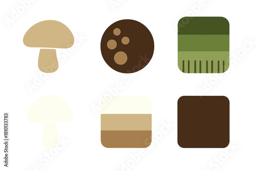 Fungal Color Icons. Solid style icons of fungal color palettes: beige cap tone icon, spore dot swatch badge, gill gradient panel.