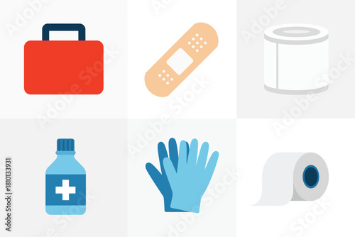 Healthcare kit grid, red bag, adhesive patch, paper roll, antiseptic bottle, protective gloves, tissue roll squares