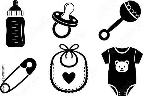 Baby accessories collection bottle pacifier rattle bib safety pin onesie with bear design vector illustration
