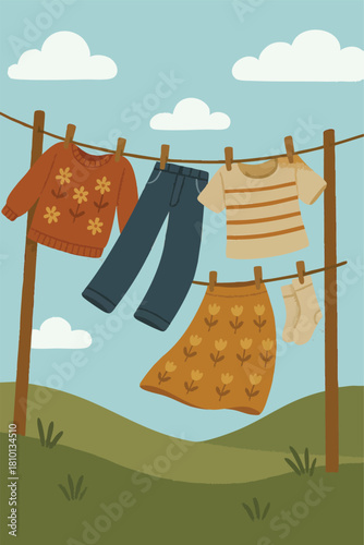 Cute Clothesline Laundry Clothes Hang Family Domestic Vector Housework House Outdoor Fresh Clean Summer Childhood Print Design