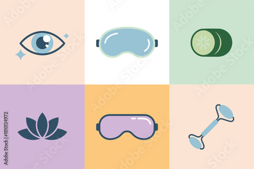 Eye spa tiles collection, serene eye, cooling mask, cucumber treatment, lotus flower, sleep shield, jade roller, calming vector