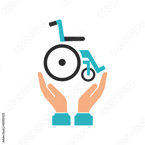 Supportive disability care illustration showing protective hands holding a wheelchair symbol representing accessibility, safety, and inclusive assistance