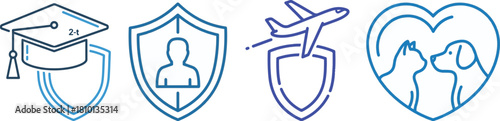 Blue Line Icons Representing Education, Person, Travel, and Pets