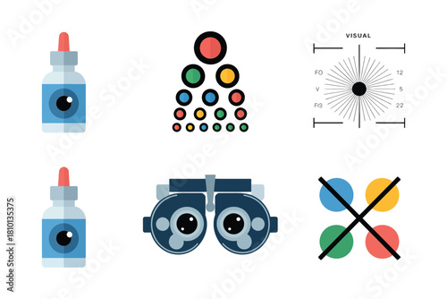 Optometry examination icons, eye drops bottles, color vision test chart, astigmatism radial target, phoropter device, refraction wheel